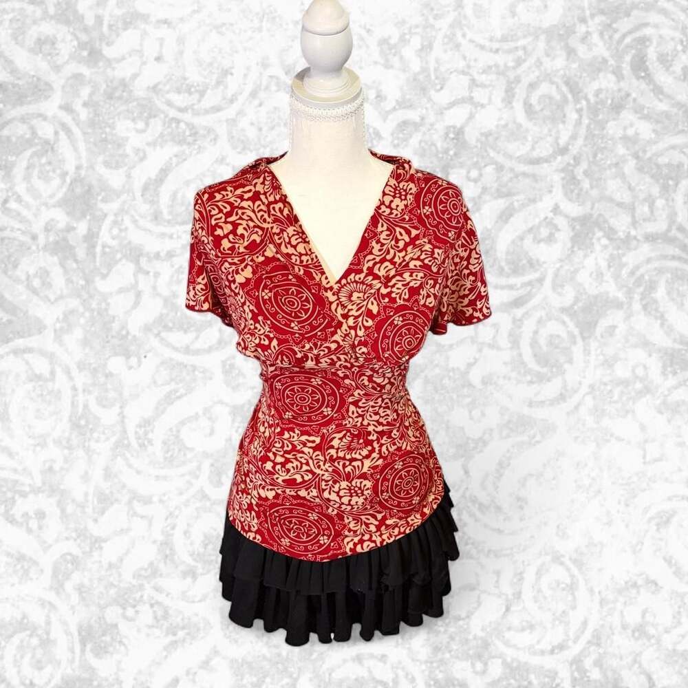 JKLA California 2000s Red Paisley Floral V-Neck Blouse Size L